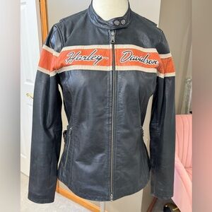 Harley-Davidson Black Leather Jacket with Orange and Cream Chest Stripe